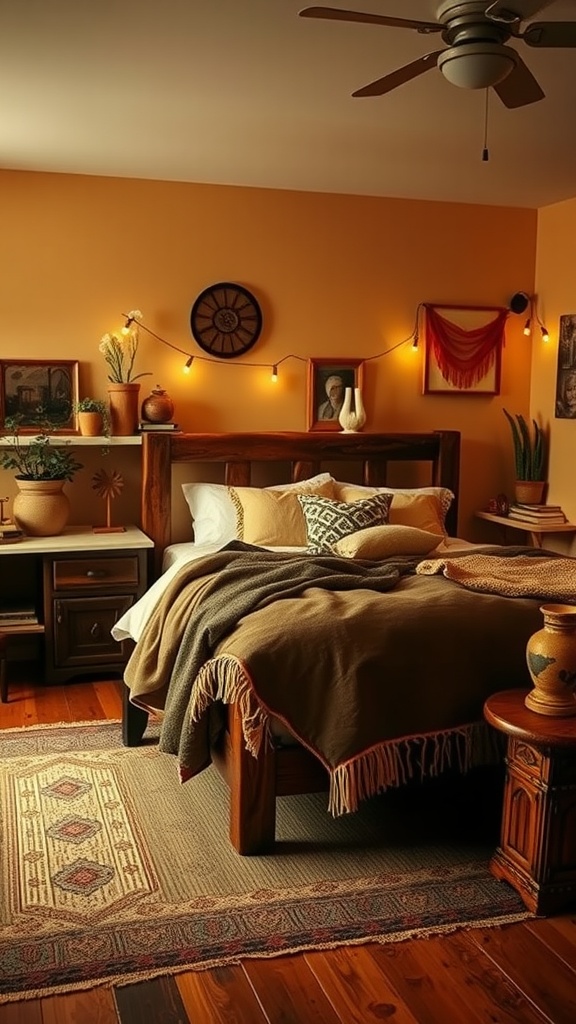 A cozy bedroom with earthy tones, featuring a wooden bed, layered blankets, soft lighting, and decorative plants.