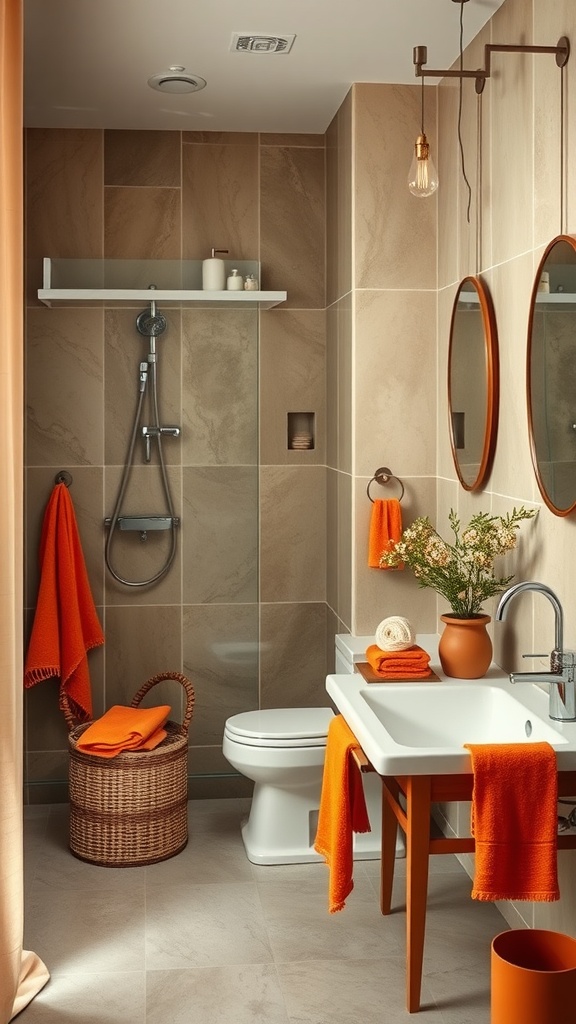 A stylish bathroom featuring earthy tones with bright orange accents.