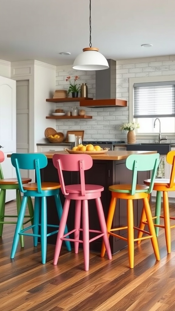 Colorful bar stools in a farmhouse kitchen setting