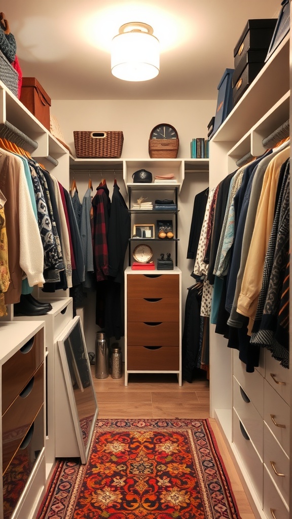 Interior of a walk-in closet with clothes, a patterned rug, shelves with decorative items, and stylish lighting.