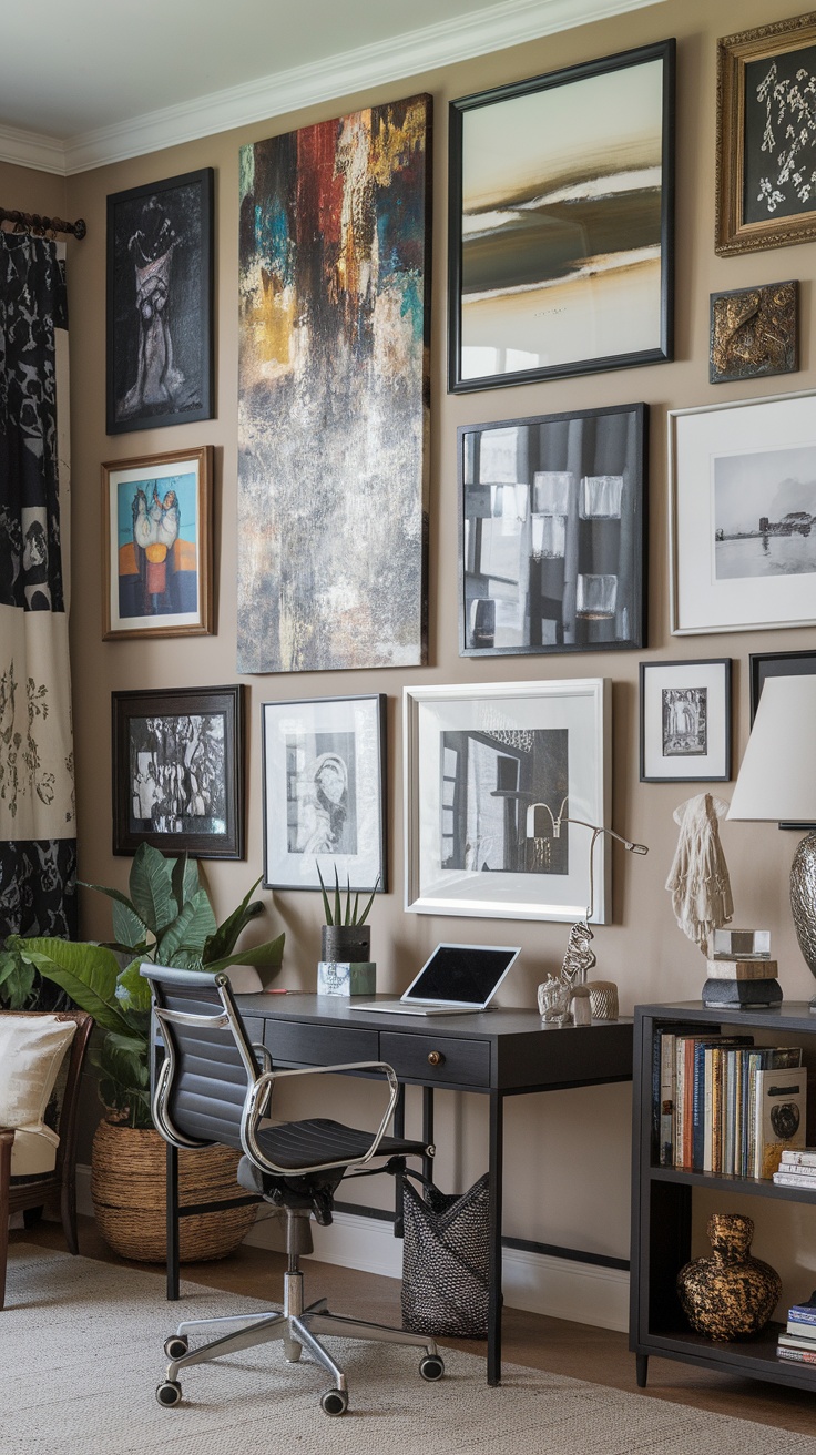 Home office featuring an eclectic gallery wall with various framed artworks and photographs, a stylish desk, and a cozy seating area.