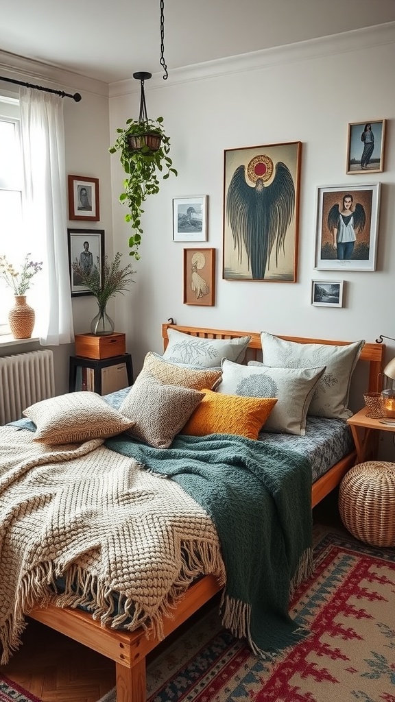 A cozy bedroom featuring layered textures, including blankets and pillows.