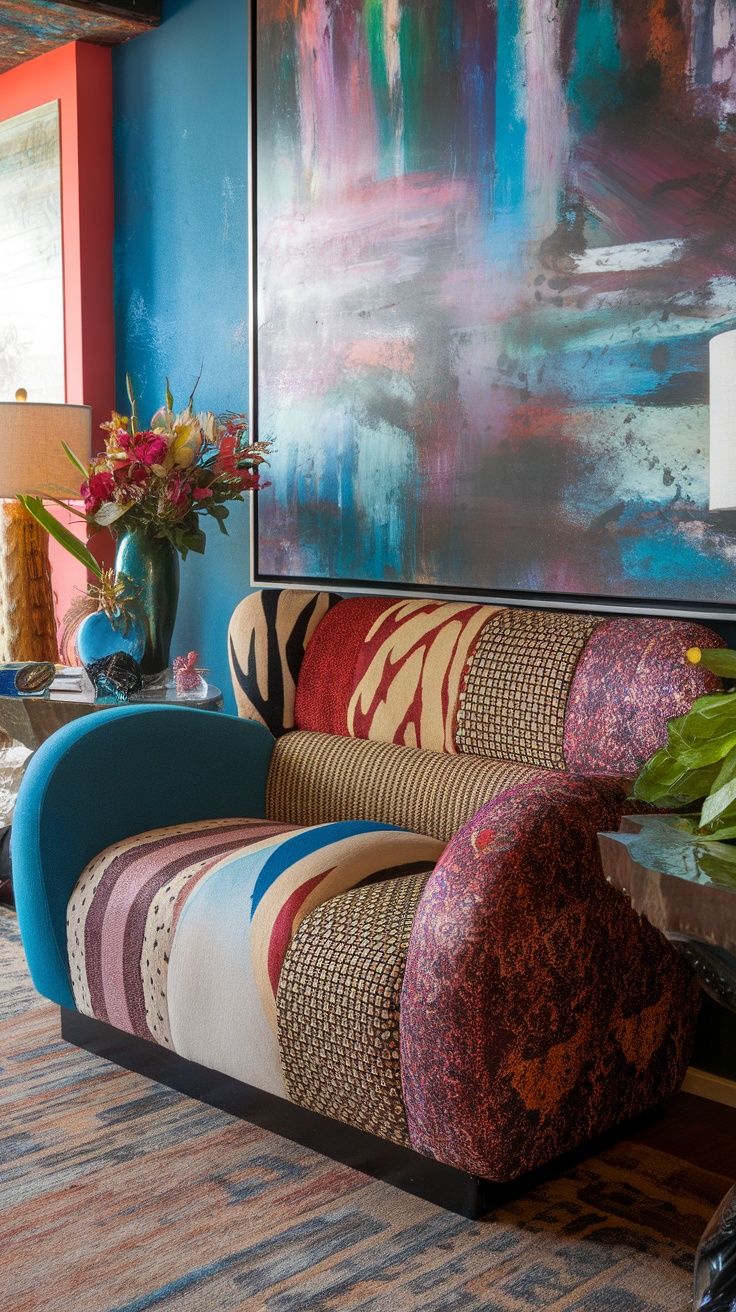 A colorful couch with various patterns, surrounded by eclectic wall art and decor.