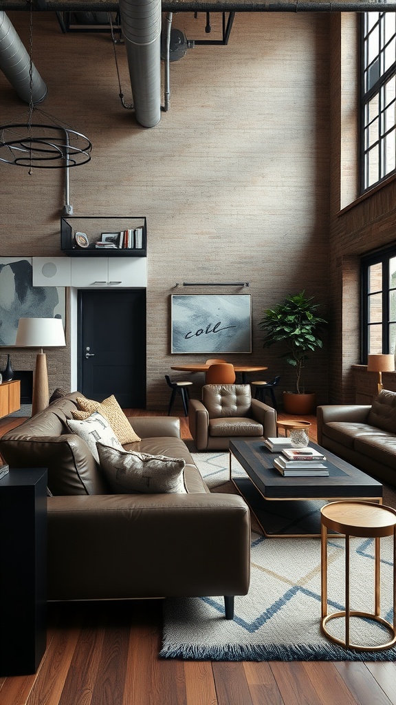 A modern urban loft featuring leather sofas, wooden floors, and exposed brick walls