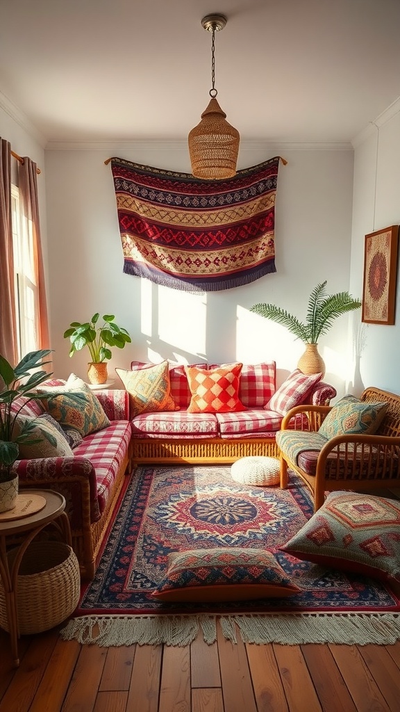 Cozy Boho living room with eclectic textiles including a red checked sofa, colorful cushions, a patterned rug, and a woven tapestry.