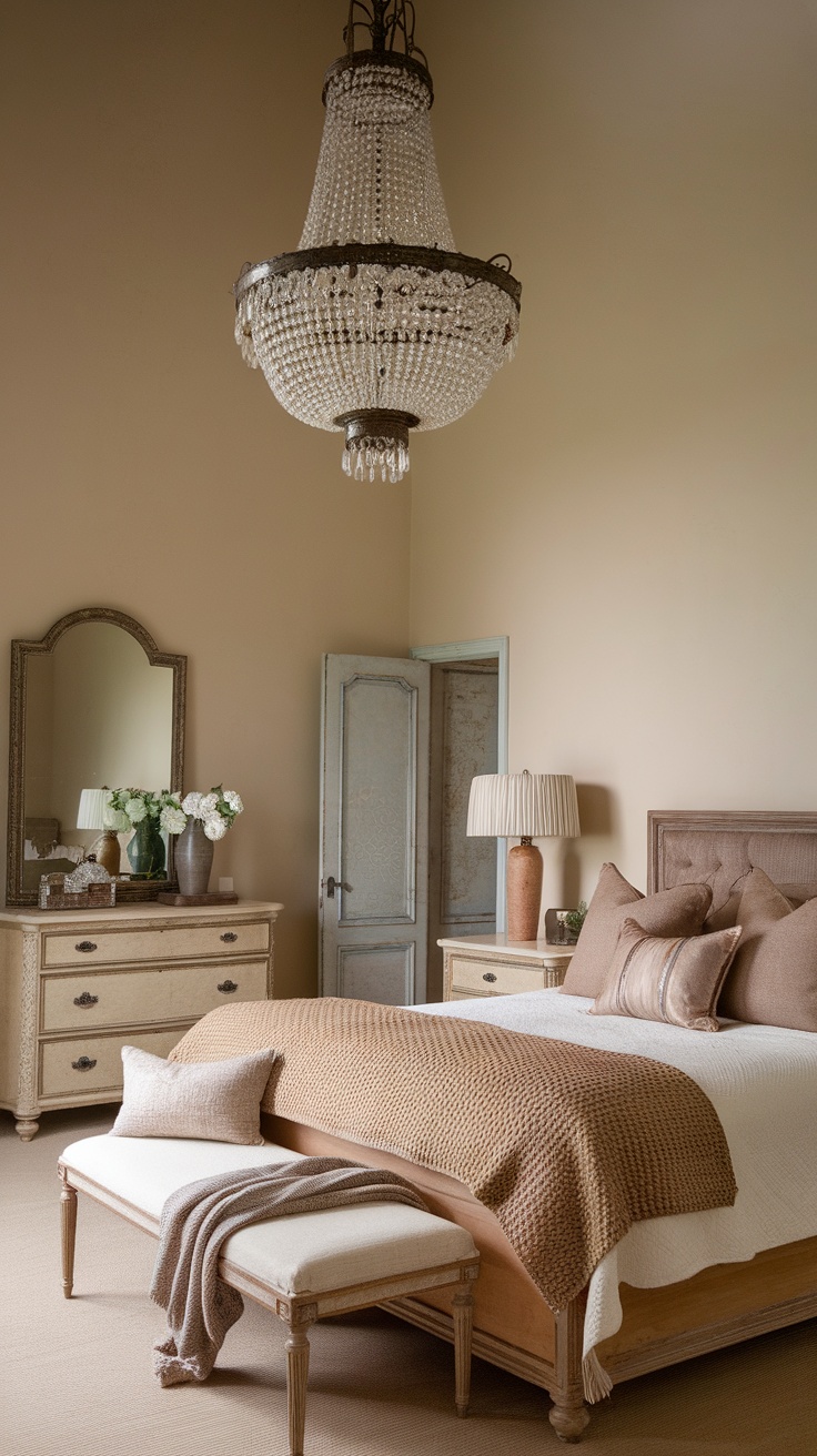 A cozy vintage-style bedroom featuring a chandelier, wooden furniture, and eclectic decor.