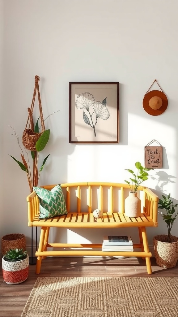A stylish eco-friendly bamboo bench in a bright entryway, surrounded by plants and decorative items.