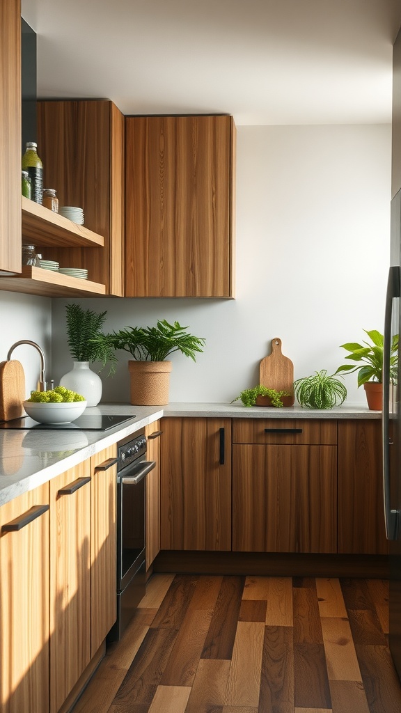 A modern kitchen featuring eco-friendly bamboo cabinets with plants and light countertops.