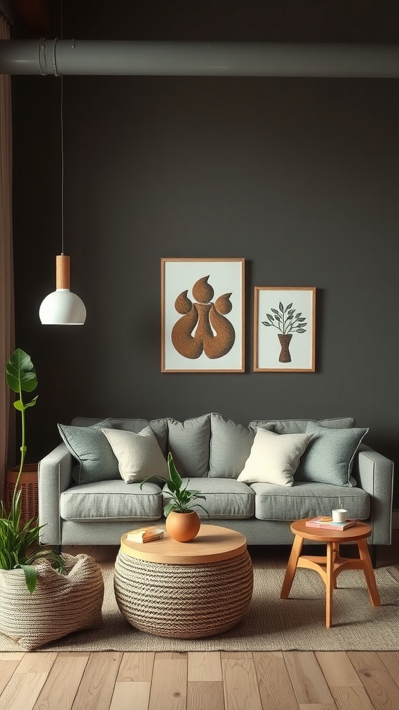 Cozy living room with eco-friendly decor items, featuring a gray couch, wooden coffee table, and plants.