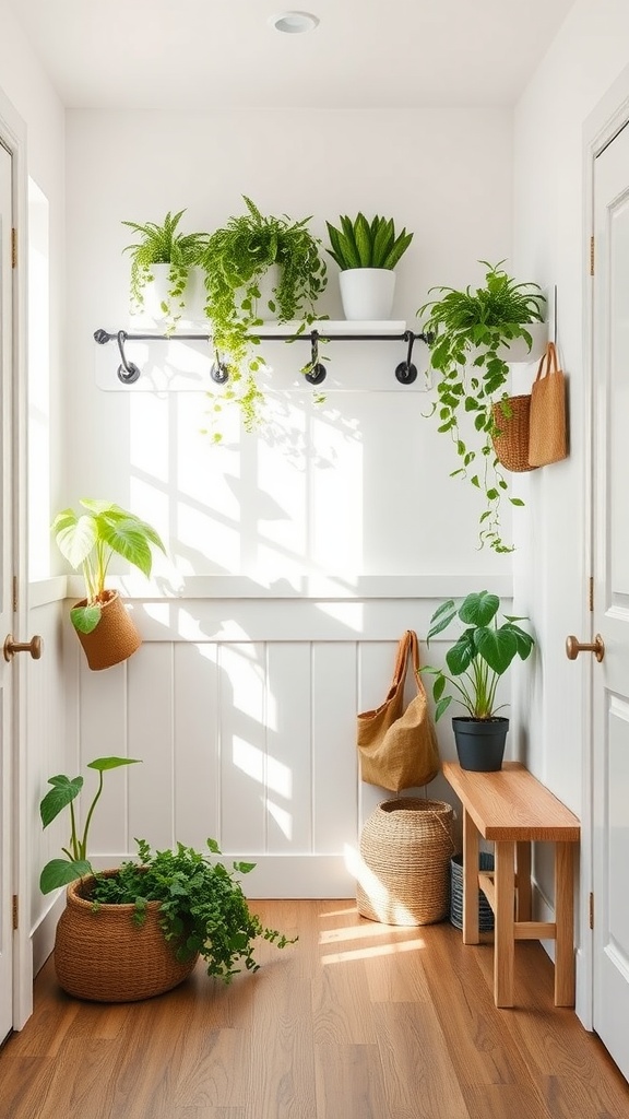 A stylish mudroom featuring plants, wooden bench, and woven baskets for storage.