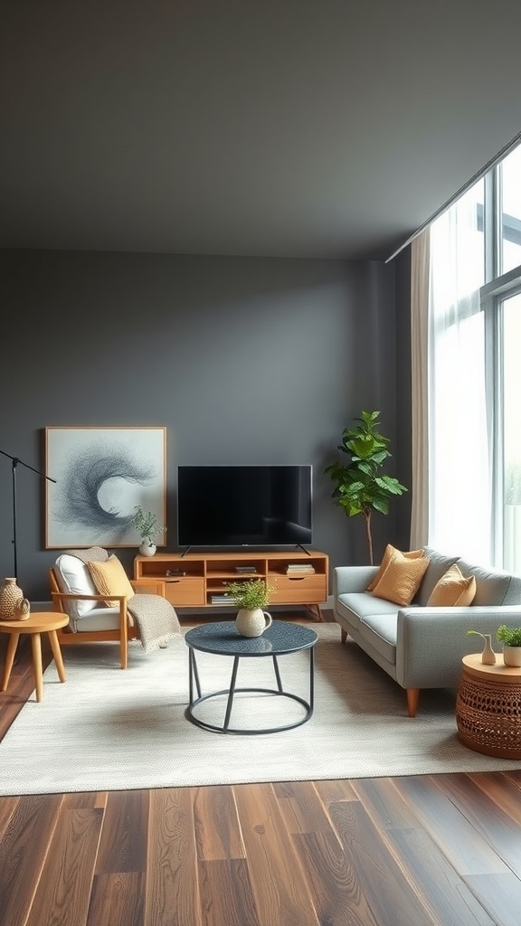 A contemporary living room featuring eco-friendly furniture with wooden chairs, a cozy sofa, and a stylish coffee table.