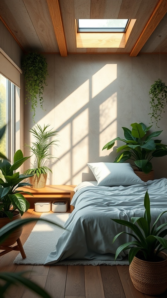Eco-friendly bedroom with plants, wooden accents, and natural light