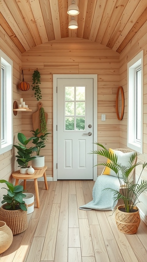 Interior of a tiny house with wooden walls, plants, and cozy decor.