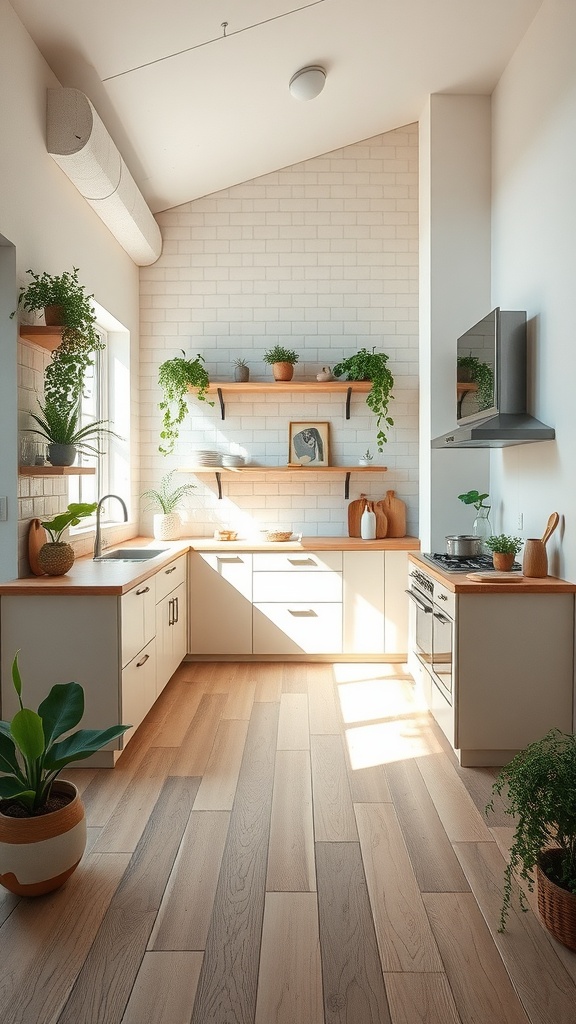 Eco-friendly kitchen with wooden shelves, plants, and natural lighting