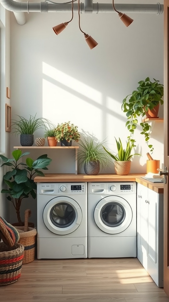 Bright eco-friendly utility room with modern washing machines and plants