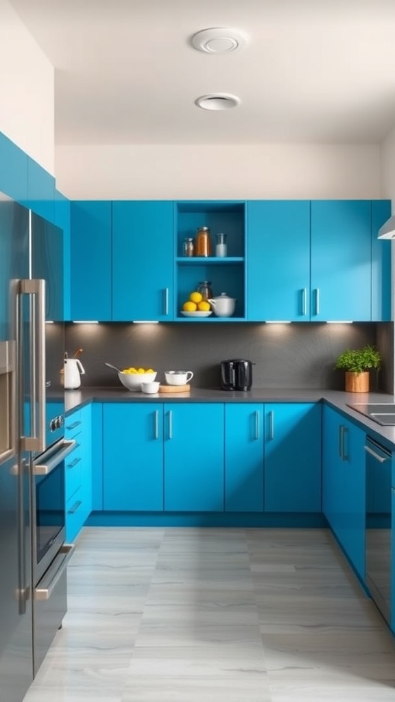 A modern kitchen with electric blue cabinets and dark countertops.