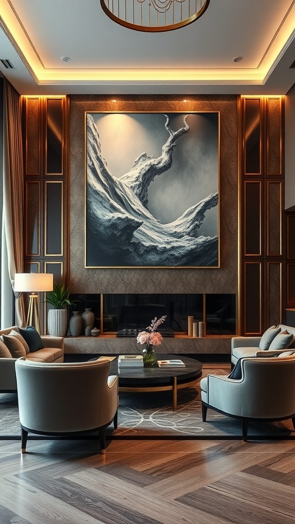 A luxurious living room featuring an oversized abstract art piece above a fireplace, with elegant furniture and warm lighting.