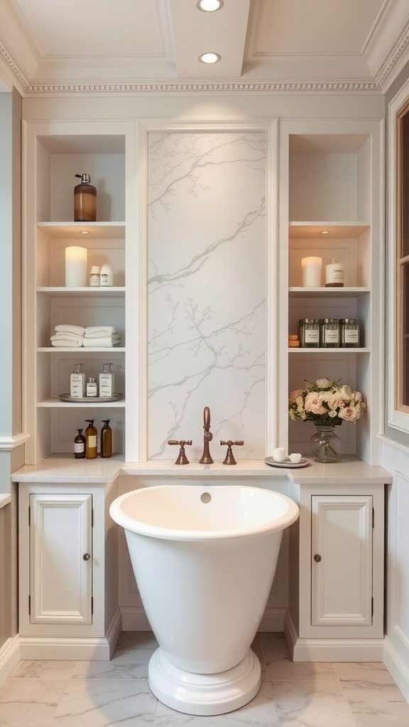 Elegant bathroom with built-in shelves displaying towels and bath products beside a stylish bathtub.