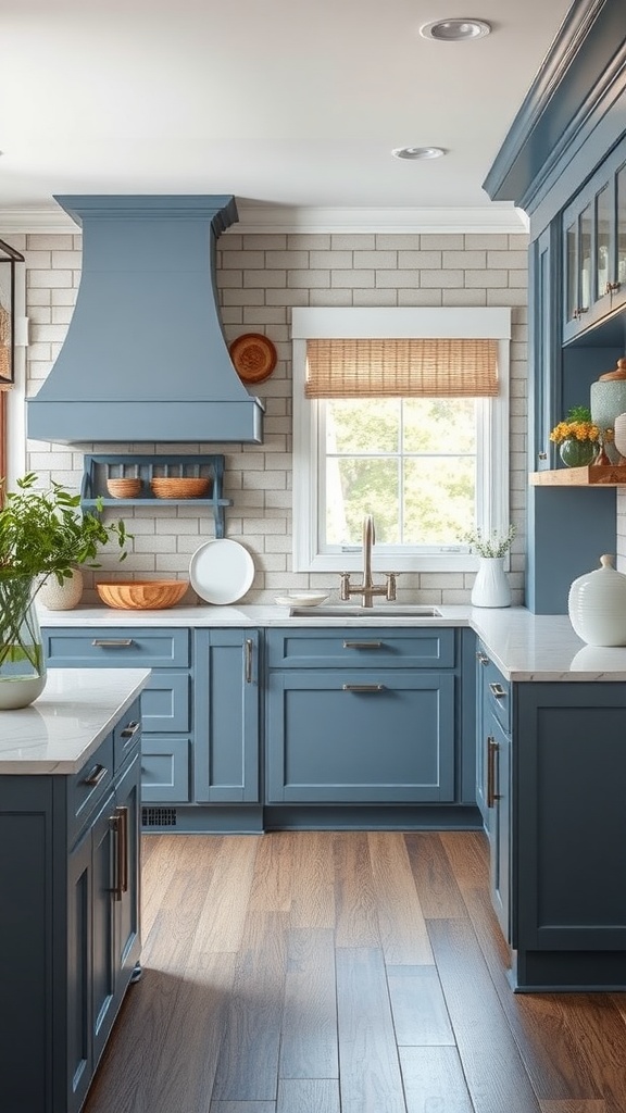 A coastal kitchen featuring blue cabinets, gray backsplash, and warm wooden flooring.