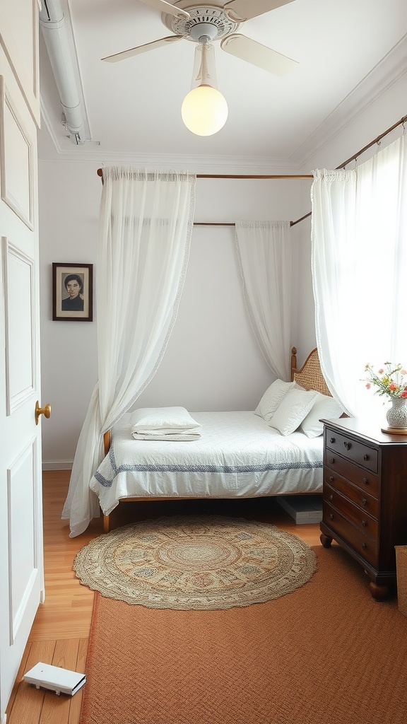 A small bedroom featuring a canopy bed with sheer curtains, a round woven rug, and a wooden dresser.