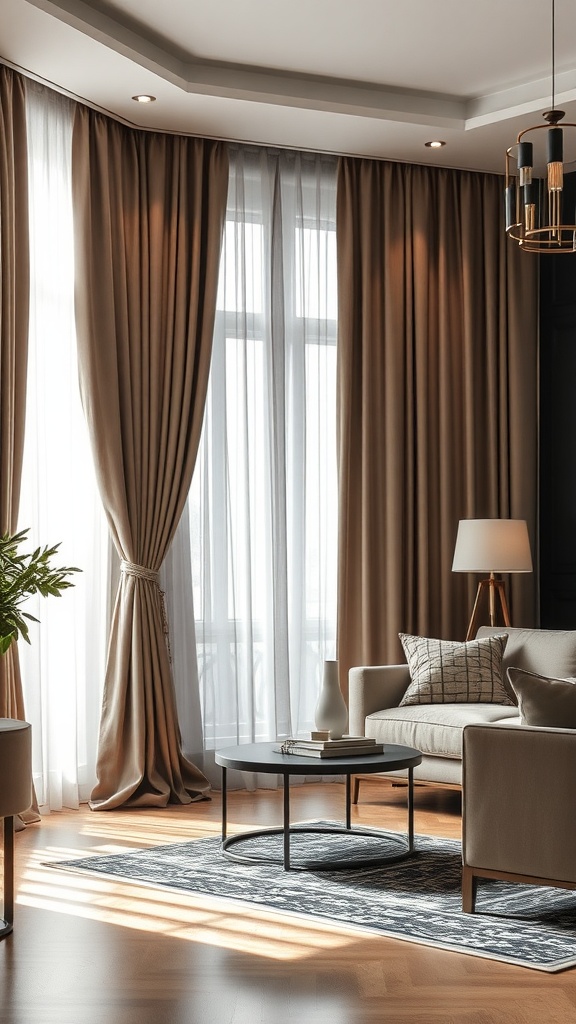 Elegant living room featuring beige curtains, natural light, and cozy furnishings.