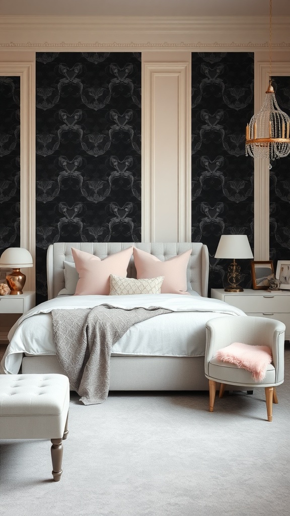 A stylish bedroom with dark pastel walls, a cozy bed with pastel pillows, and a modern chandelier.