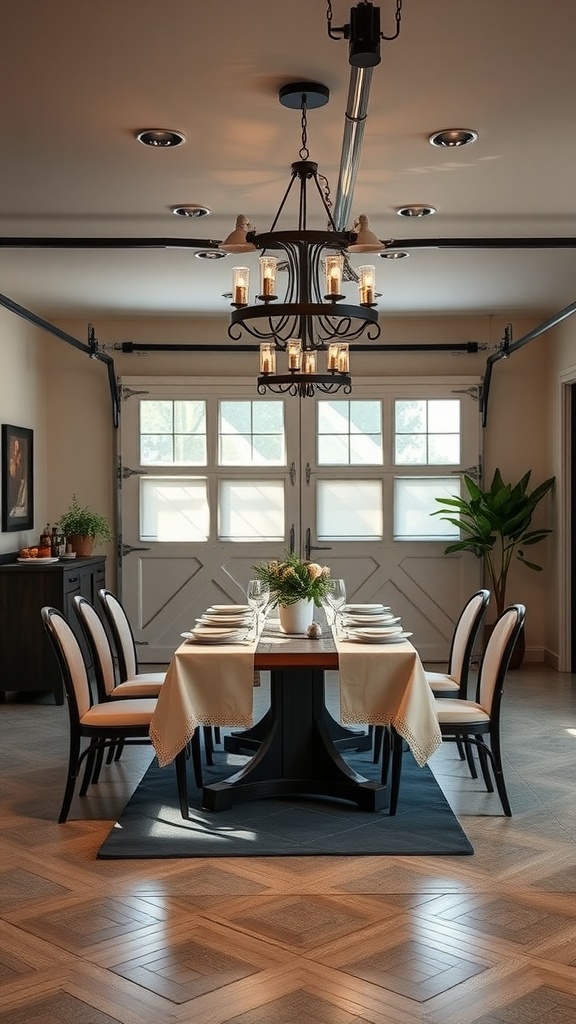 Stylish dining area with a wooden table, chairs, chandelier, and large windows.