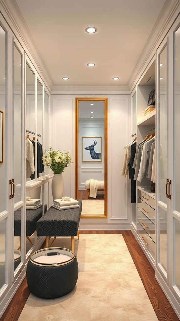 Elegant dressing area with mirrored cabinets, a bench, and a large mirror