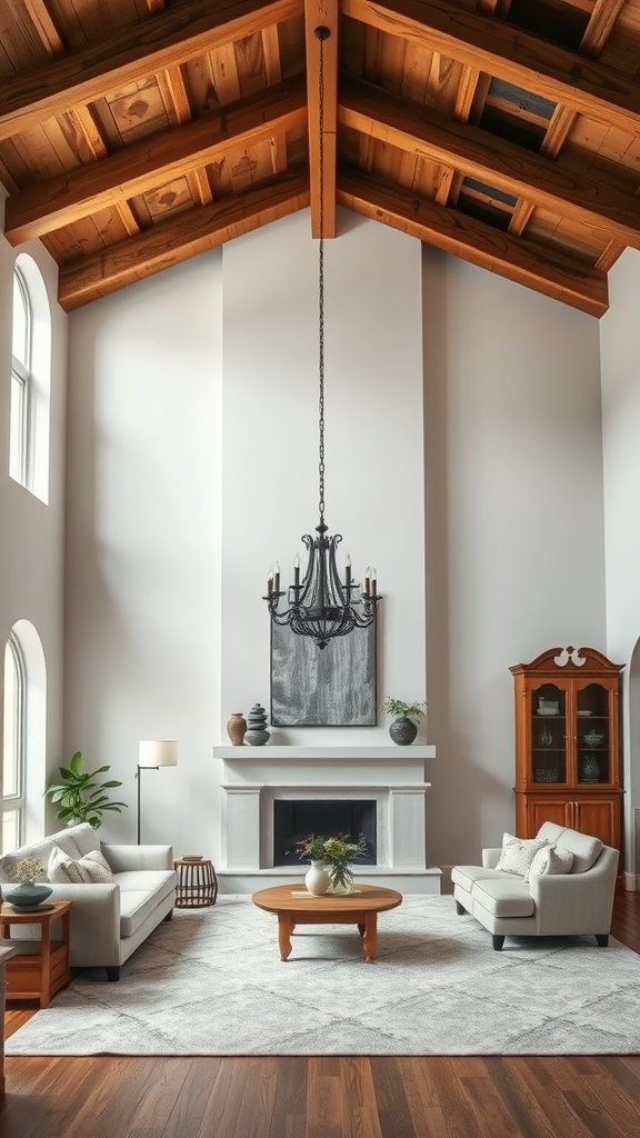 Living room with exposed beam ceiling, light furnishings, and a dark chandelier