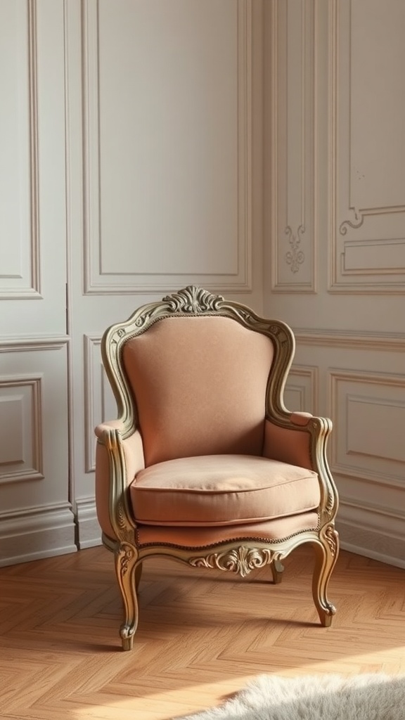 Elegant French Provincial accent chair with a peach fabric seat and ornate design.