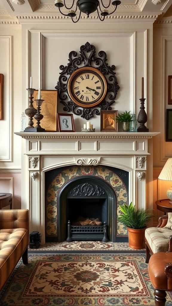 Victorian living room featuring an elegant gas fireplace as the focal point, with ornate mantle, clock, and cozy decor.