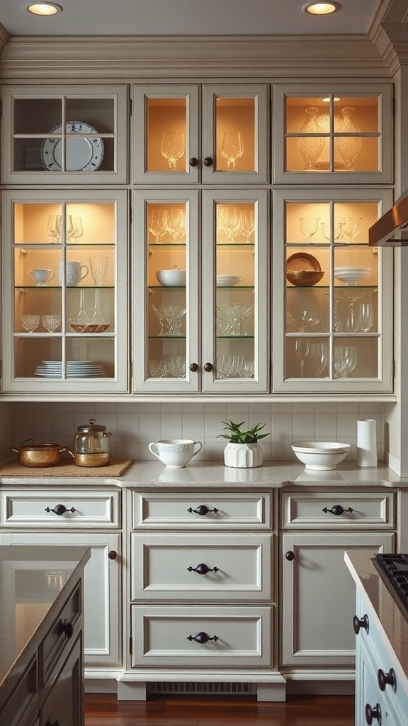 Elegant kitchen cabinets with glass fronts, showcasing dishware and illuminated interior.