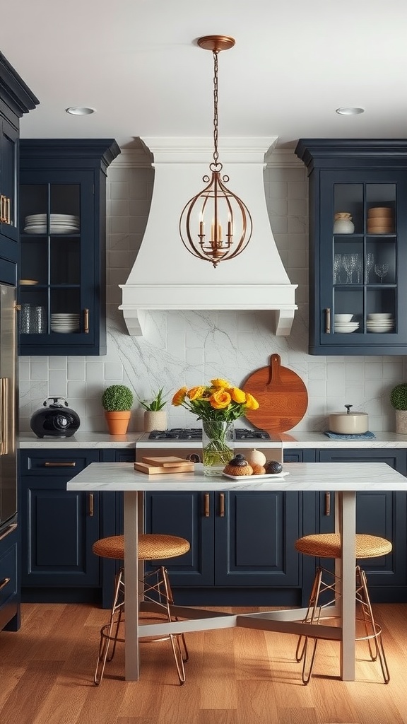 Modern kitchen with navy cabinets, white hood, and light wood flooring