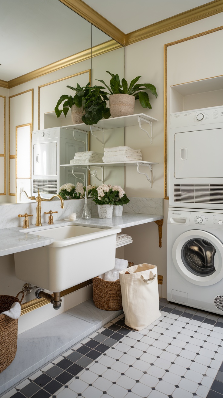A stylish laundry room featuring marble countertops, dark cabinets, elegant lighting, and decorative elements.