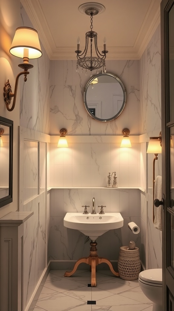 Elegant bathroom with chandelier and wall sconces illuminating marble walls