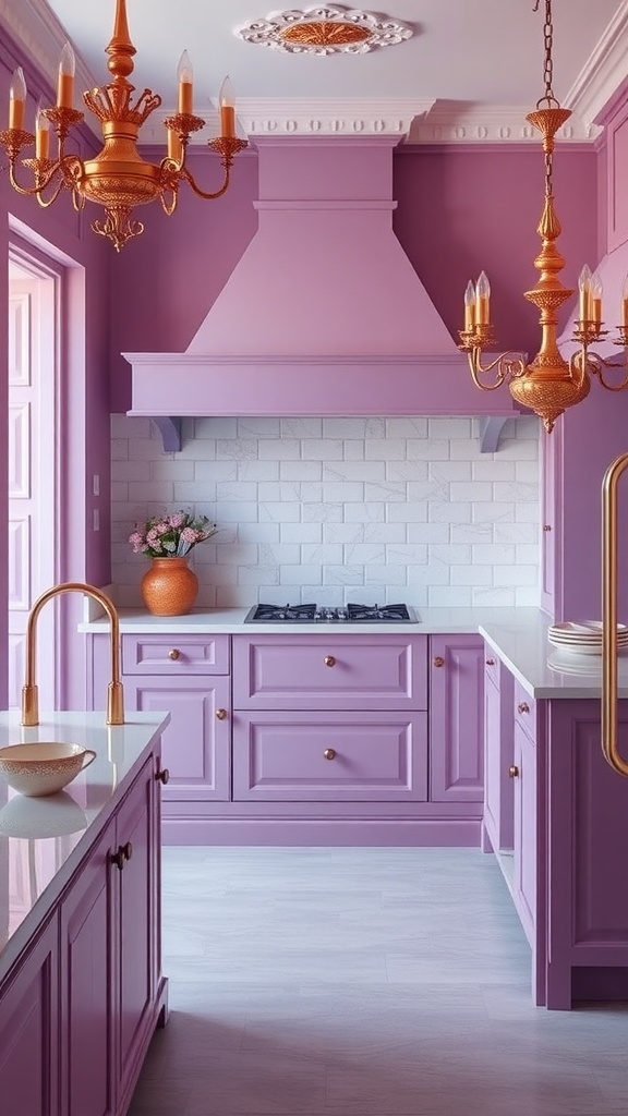 A kitchen featuring elegant purple cabinetry, gold chandeliers, and a white tiled backsplash.
