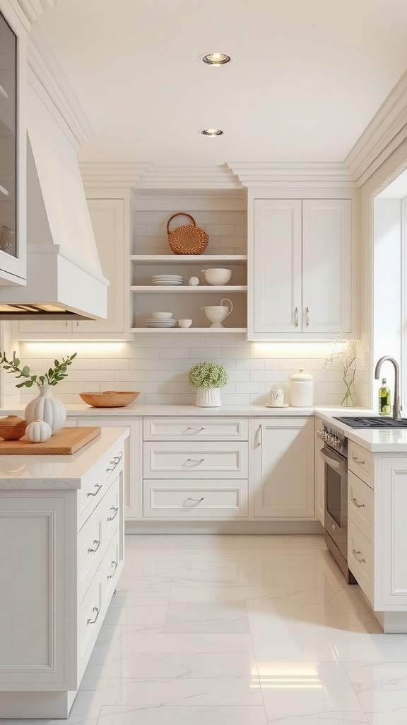 A bright and serene coastal kitchen featuring white cabinetry and open shelving with minimal decorations.