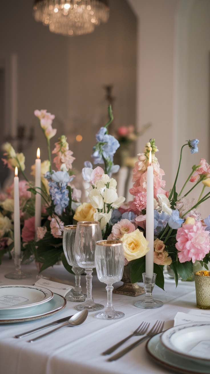 A beautifully arranged spring centerpiece featuring colorful flowers and candles on a dining table.