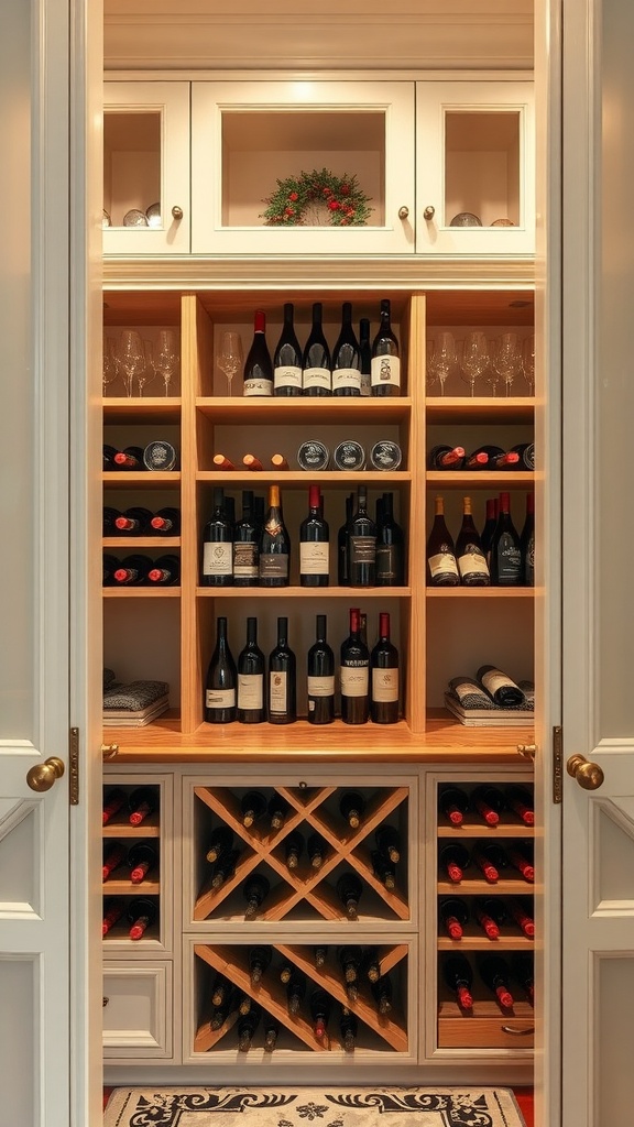 A well-organized wine rack display in a pantry, featuring bottles of wine, glasses, and decorative accents.