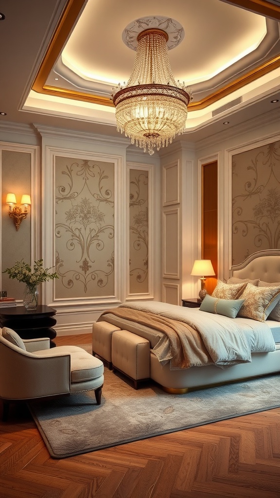 Luxurious contemporary bedroom with chandelier and elegant decor