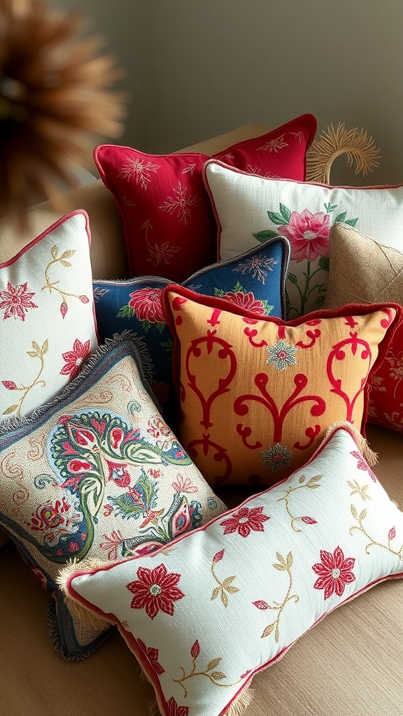 Colorful embroidered decorative pillows in various patterns and designs on a couch.