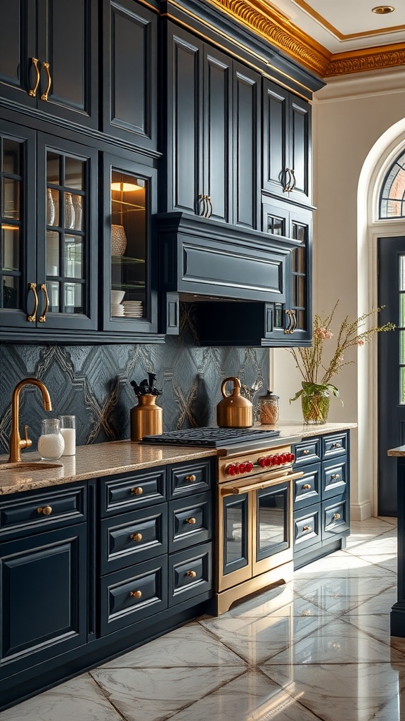 A kitchen featuring midnight blue cabinets and gold accents, showcasing a luxurious design.