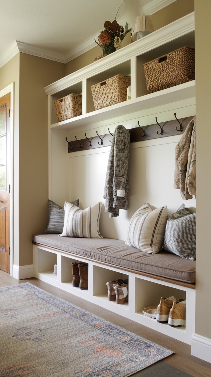 Entryway with a wooden bench, decorative pillows, and organized baskets