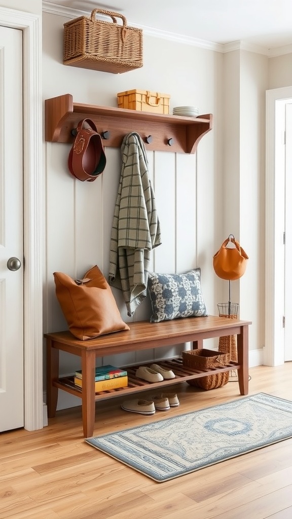 Stylish entryway bench with a built-in coat rack, shelf, and decorative items