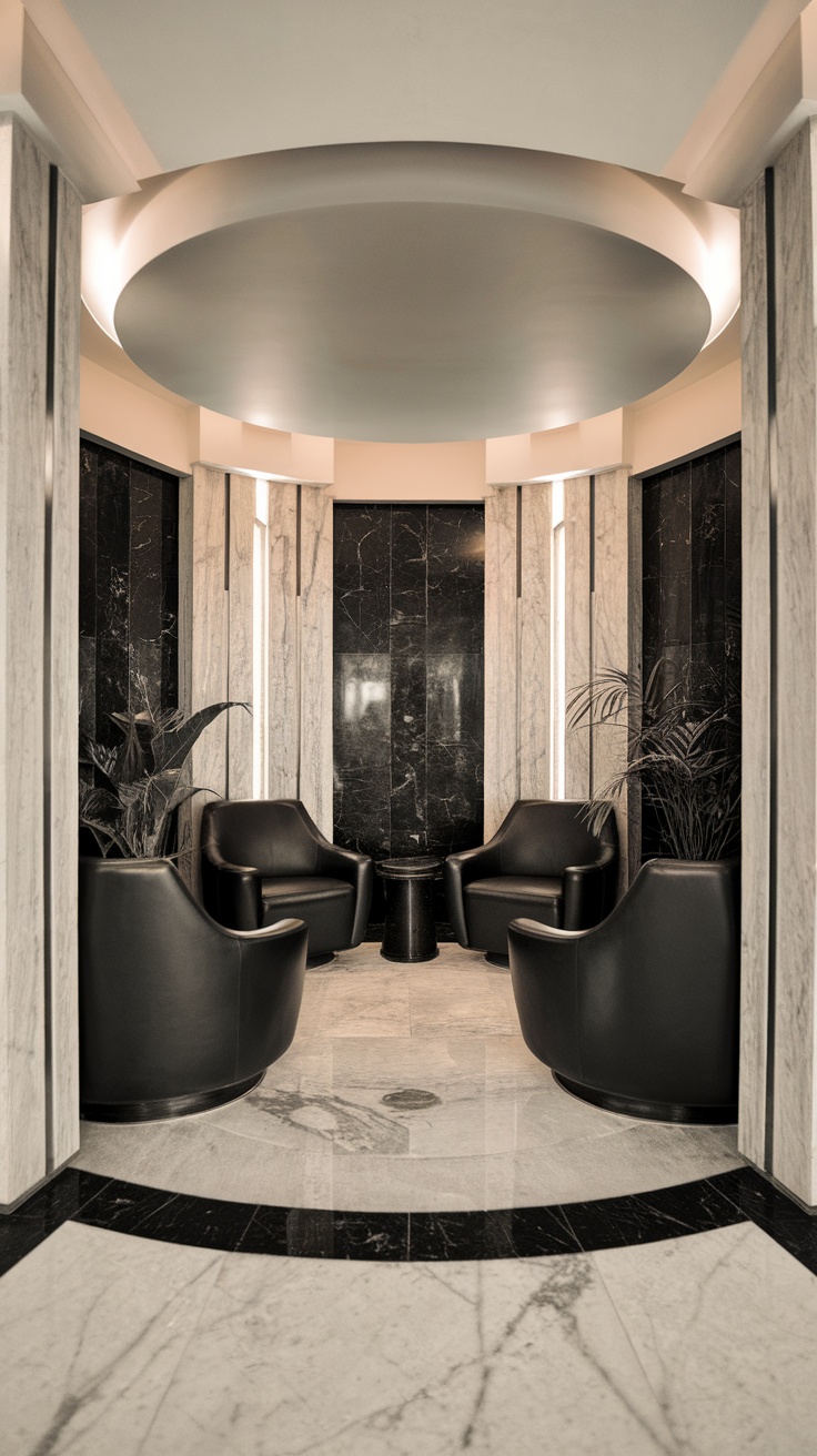 Art Deco interior featuring marble flooring, vibrant wallpaper, and elegant lighting.