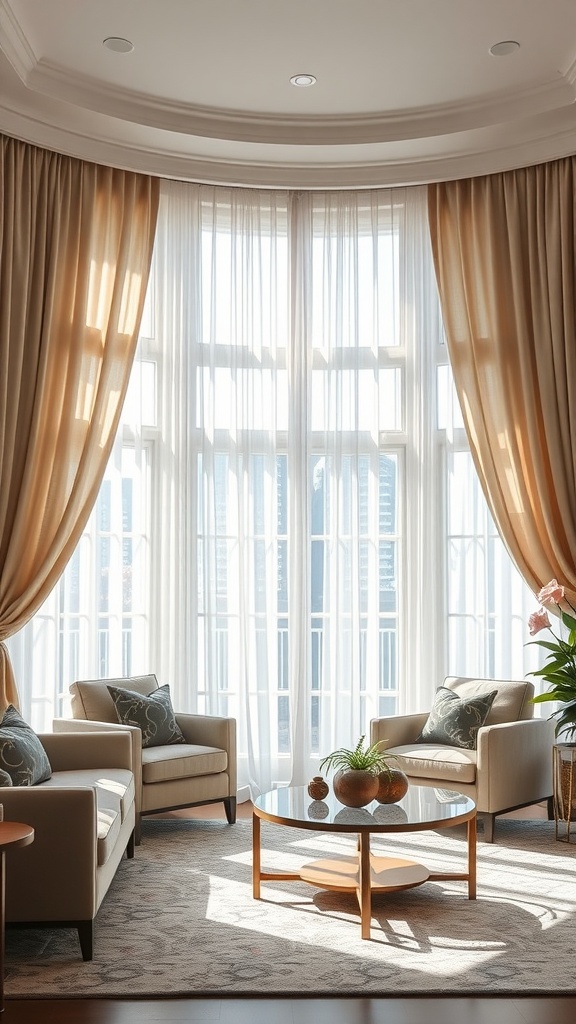 Luxurious living room with large windows and elegant beige curtains.