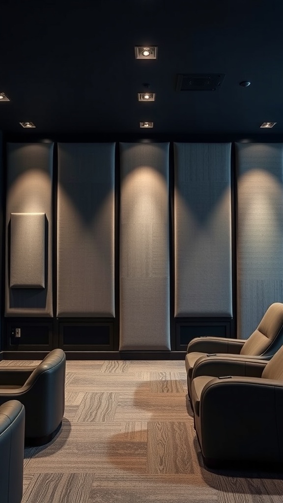 A room with fabric panels on the wall for sound absorption, featuring comfortable seating.
