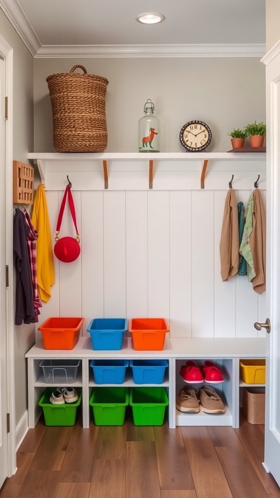 Colorful family-friendly mudroom with storage bins and hooks for kids' items.