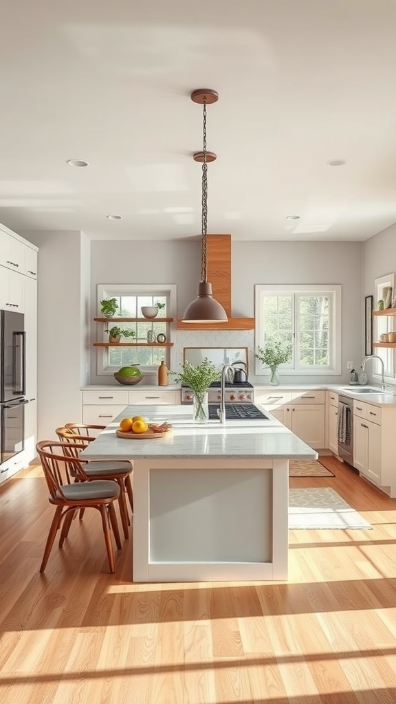 A bright, family-friendly open kitchen featuring an island, white cabinetry, and wood flooring.
