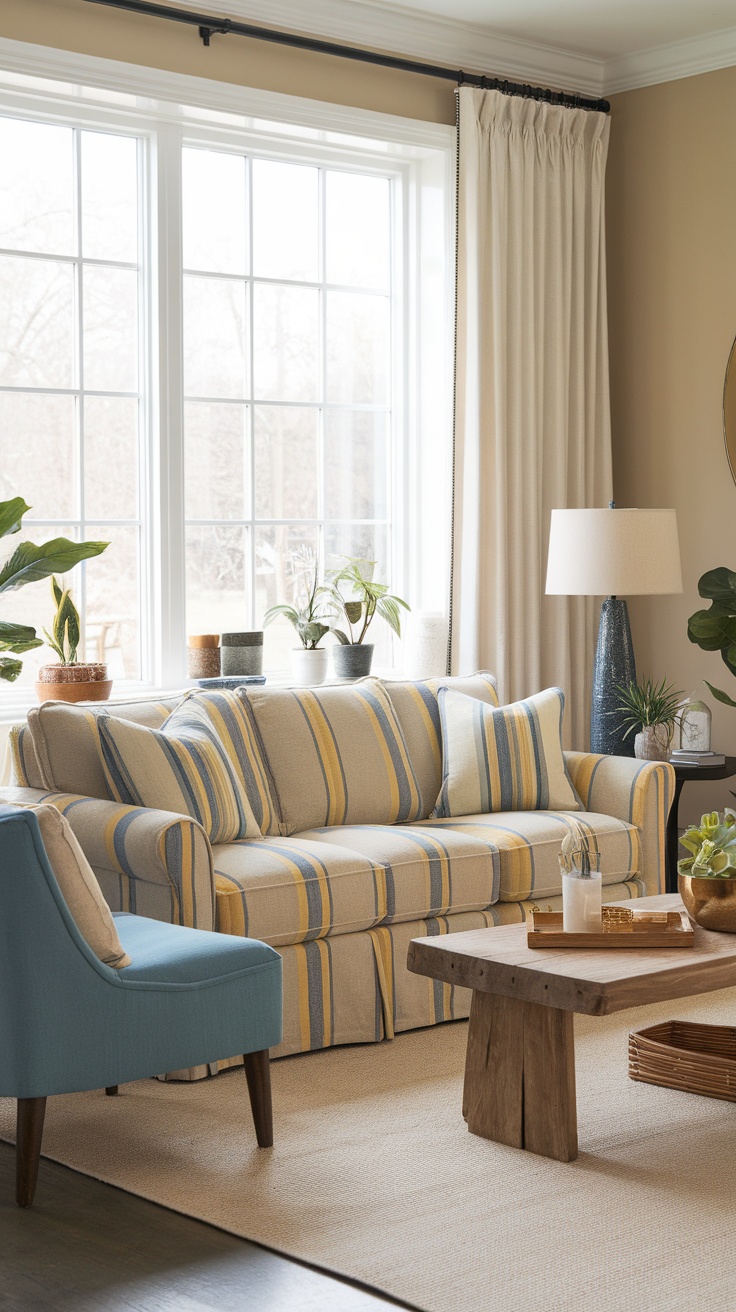 A cozy family-friendly upholstered sofa with orange and patterned pillows, accompanied by a plant and lamp in a well-lit living room.